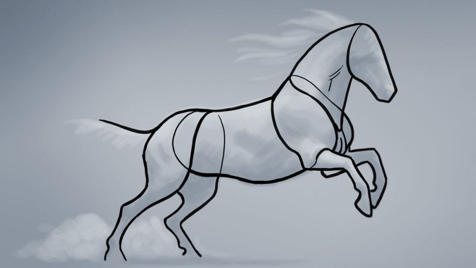 Desenho de um cavalo em pé visto de frente